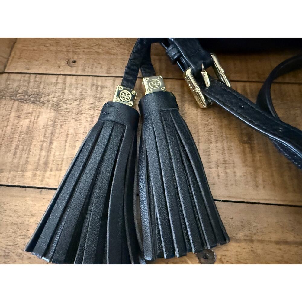 TORY BURCH Crossbody Bag Women's Black Pebbled Leather Tassel Logo Shoulder - Picture 2 of 16